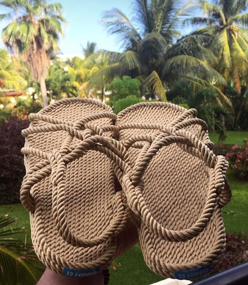 hippo rope sandals on vacation with palm trees